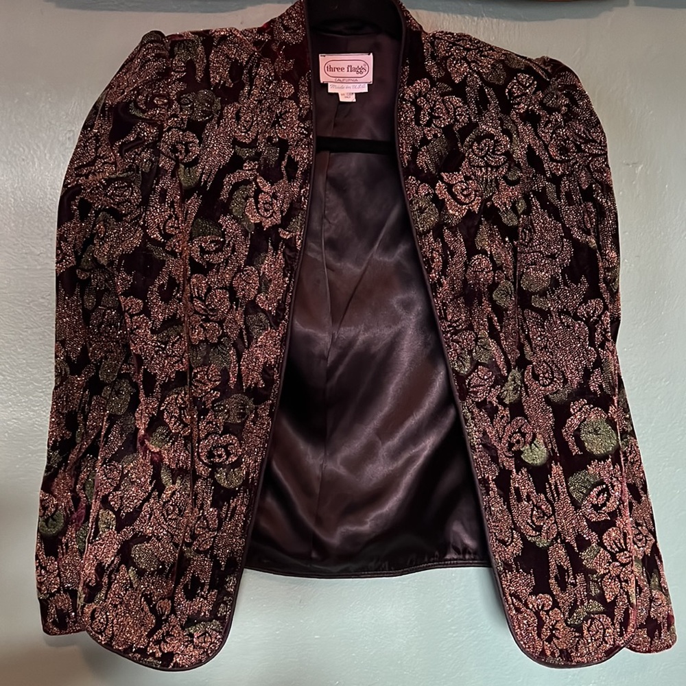 Three Flaggs Vintage Floral Burgundy Velvet Jacket
